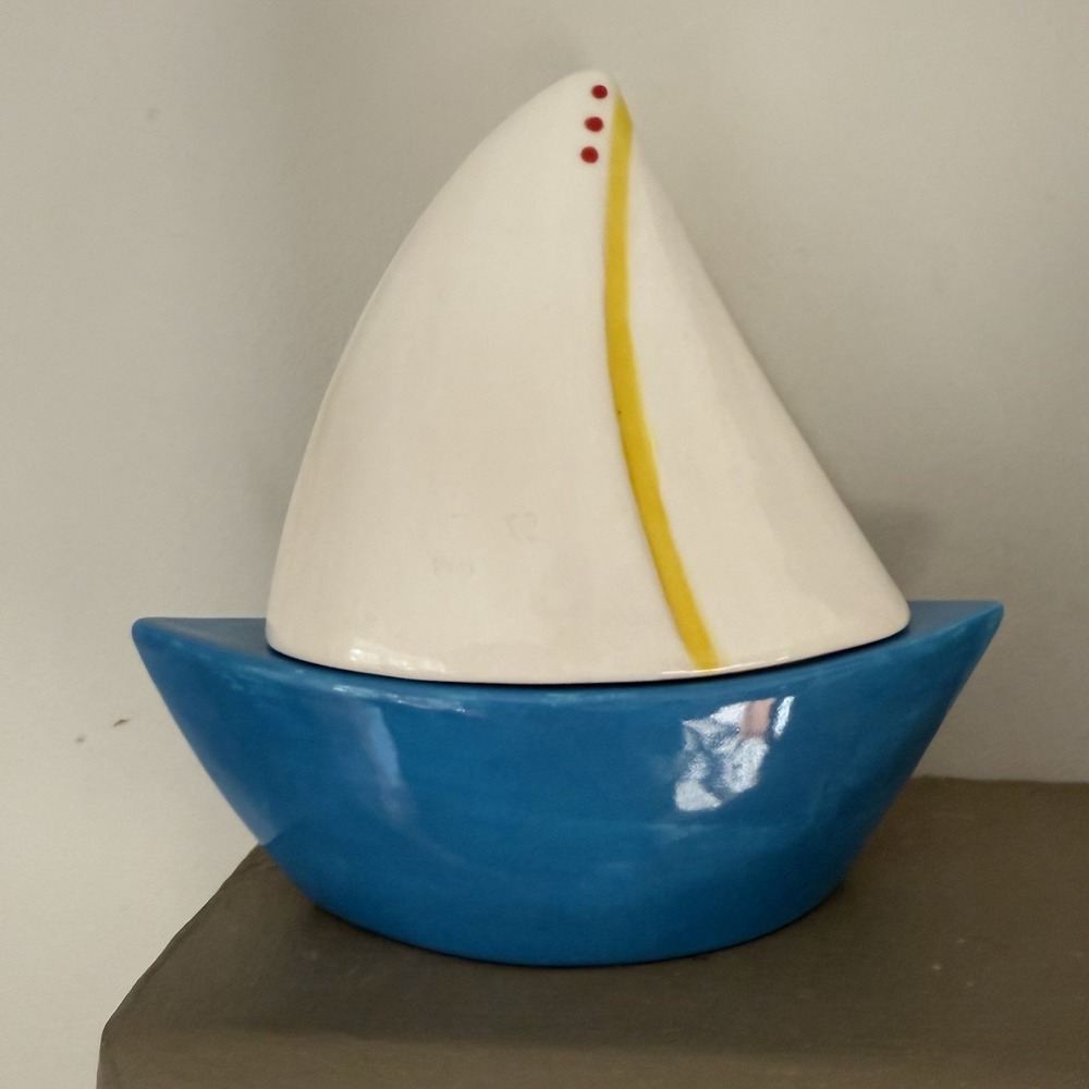 Sailboat Ceramic Pottery Trinket Dish Blue White Nautical  Lake River Sea Boat